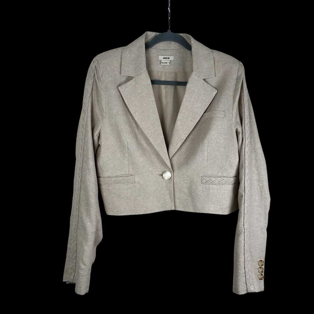 Jason Wu Women's Oatmeal Beige Linen Cropped Blazer Jacket Braided Trim‎ Medium